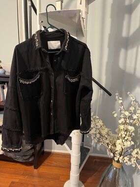 Zara Woman Black Rhinestone Embellished Button-Up Shirt Jacket XL